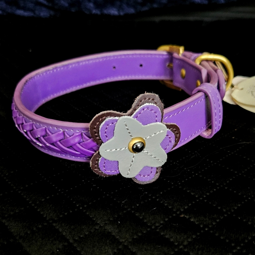 NWT Dosha Dog purple Leather Collar with flower Large daisy braided puppy Violet